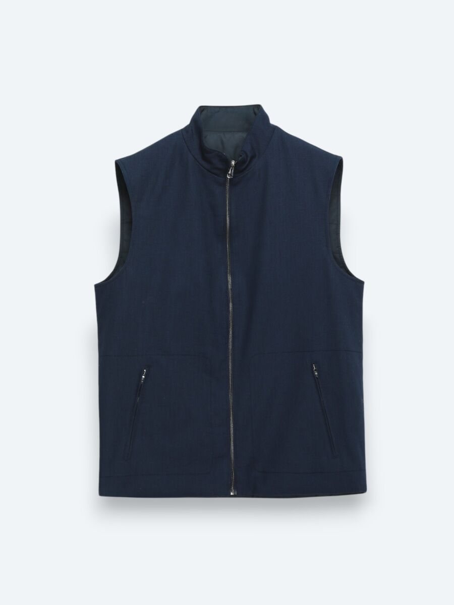 Navy Blue Regular Fit Turtleneck Casual Weaving Puffer Vest - 9