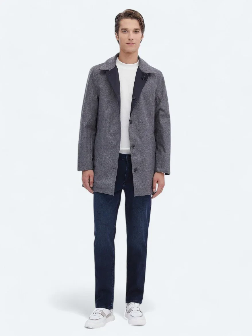 Navy Blue Regular Fit Turtleneck Casual Weaving Rain Coat - 4