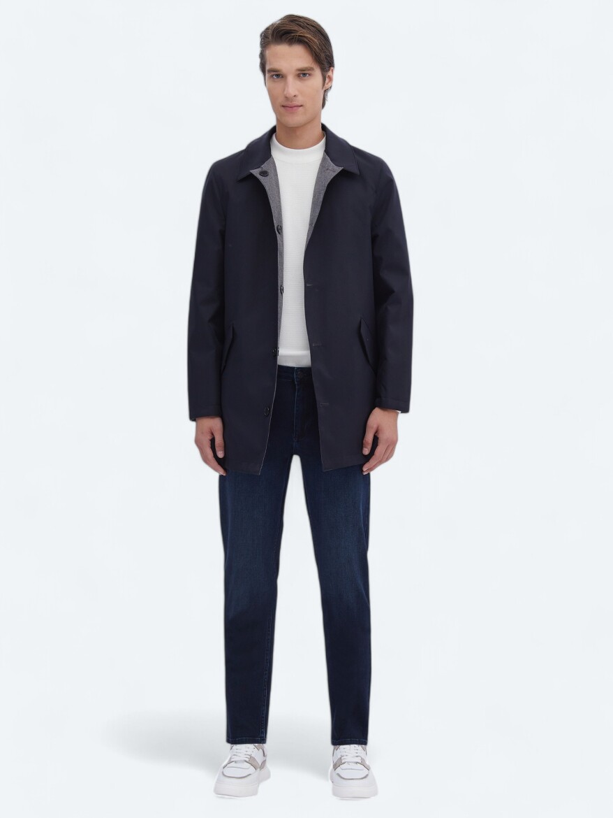 Navy Blue Regular Fit Turtleneck Casual Weaving Rain Coat - 3