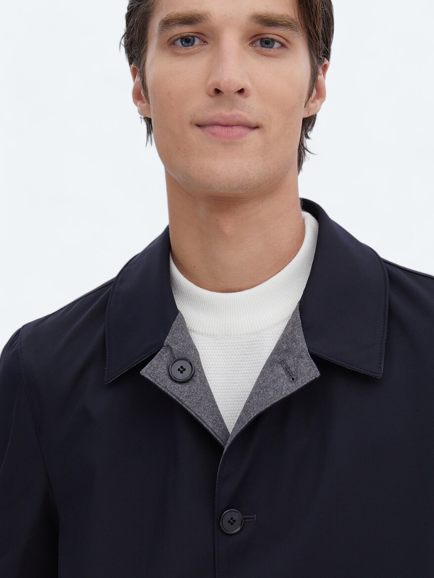 Navy Blue Regular Fit Turtleneck Casual Weaving Rain Coat - 5