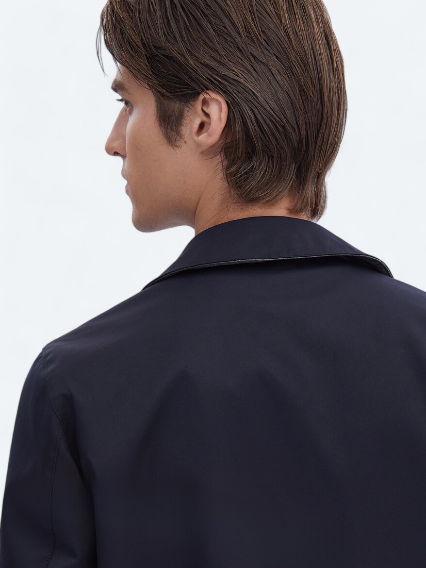 Navy Blue Regular Fit Turtleneck Casual Weaving Rain Coat - 8