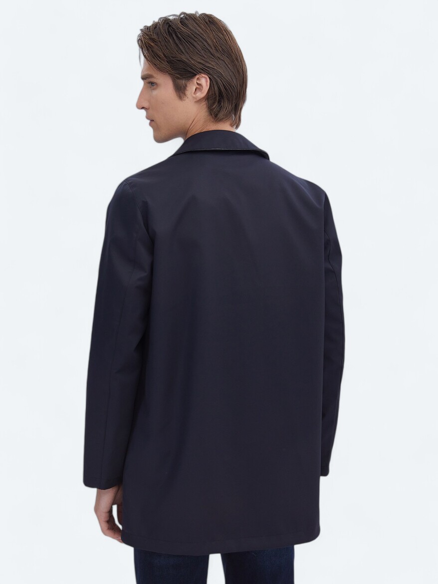 Navy Blue Regular Fit Turtleneck Casual Weaving Rain Coat - 9