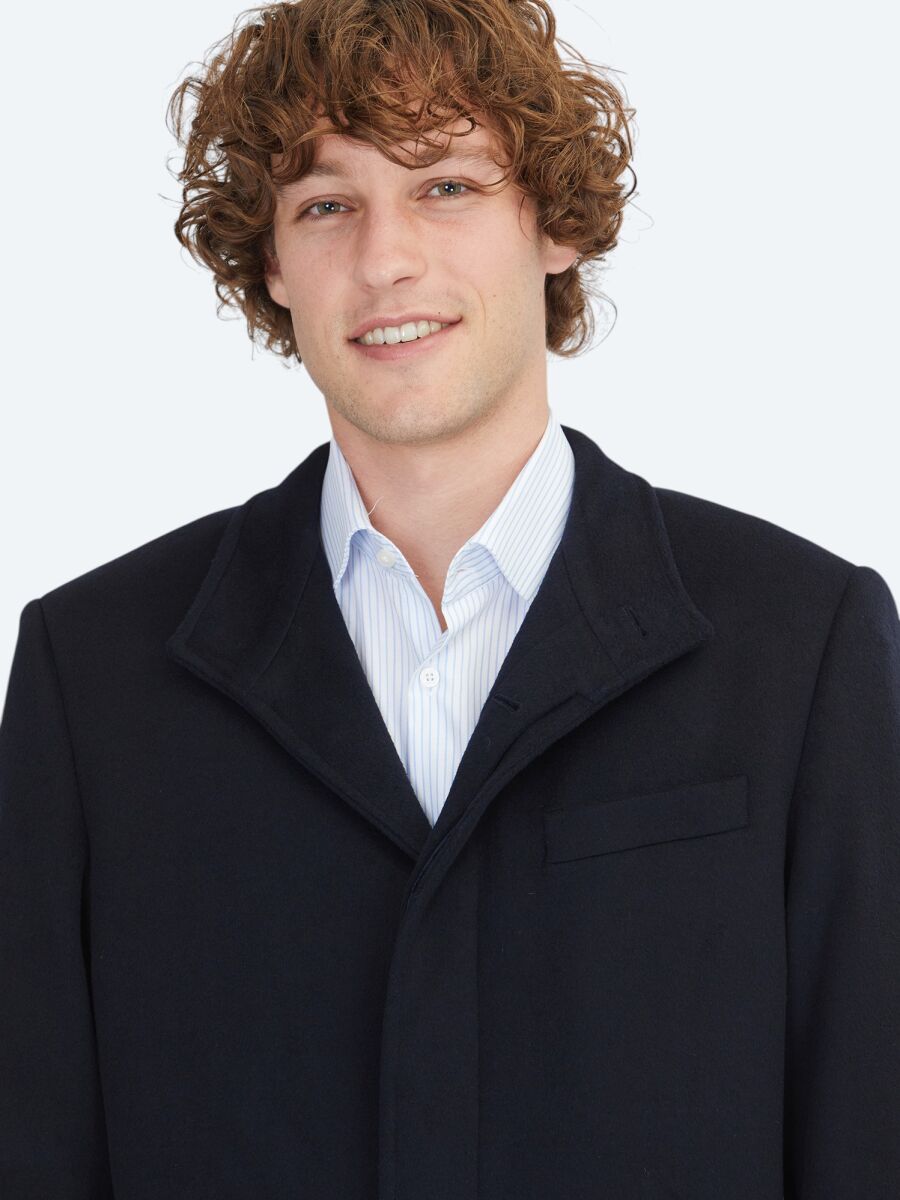 Navy Blue Regular Fit Turtleneck Classical Weaving Overcoat - 5