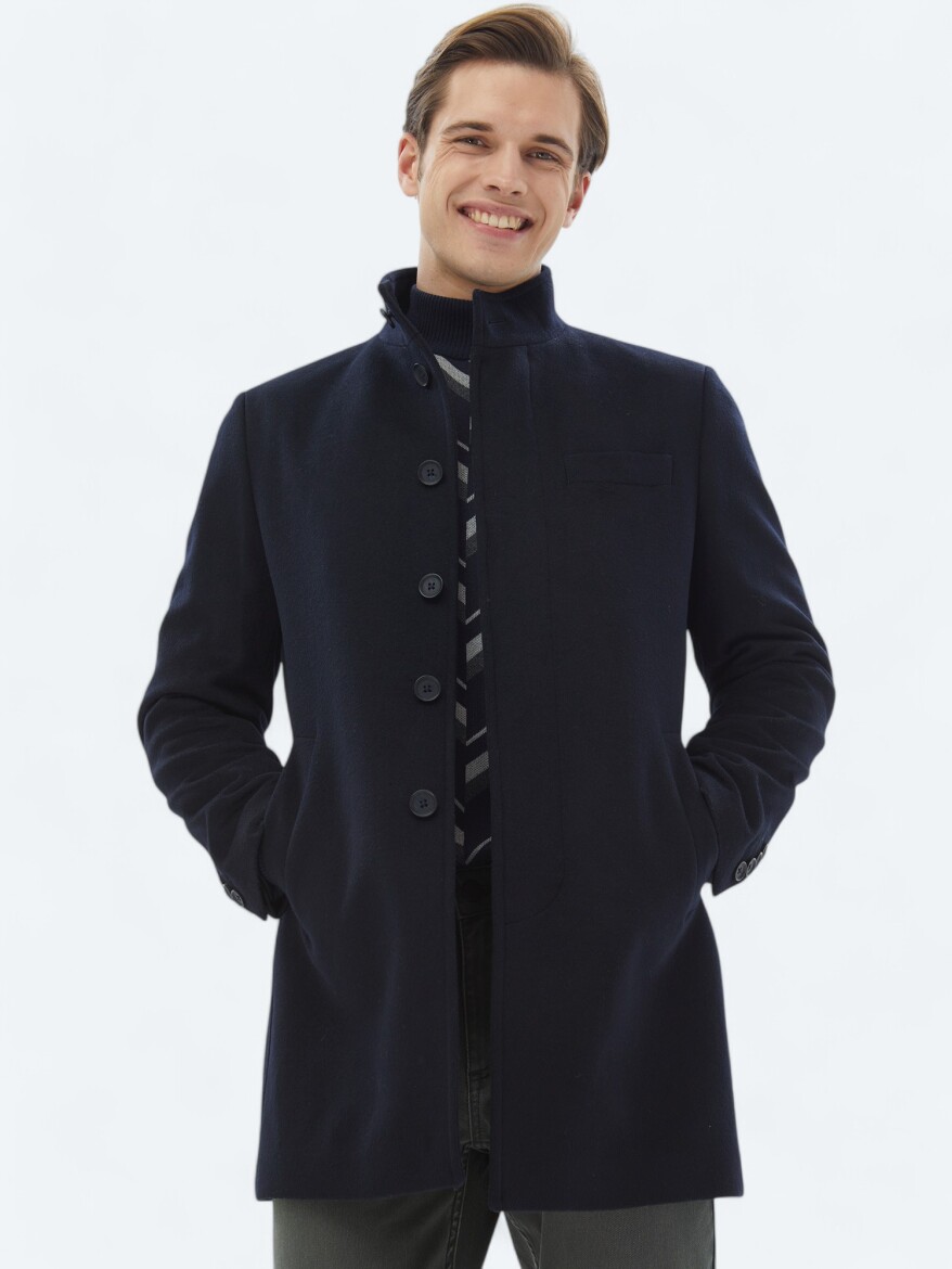 Navy Blue Regular Fit Turtleneck Classical Weaving Overcoat - 1