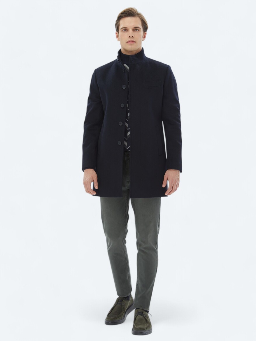 Navy Blue Regular Fit Turtleneck Classical Weaving Overcoat - 2