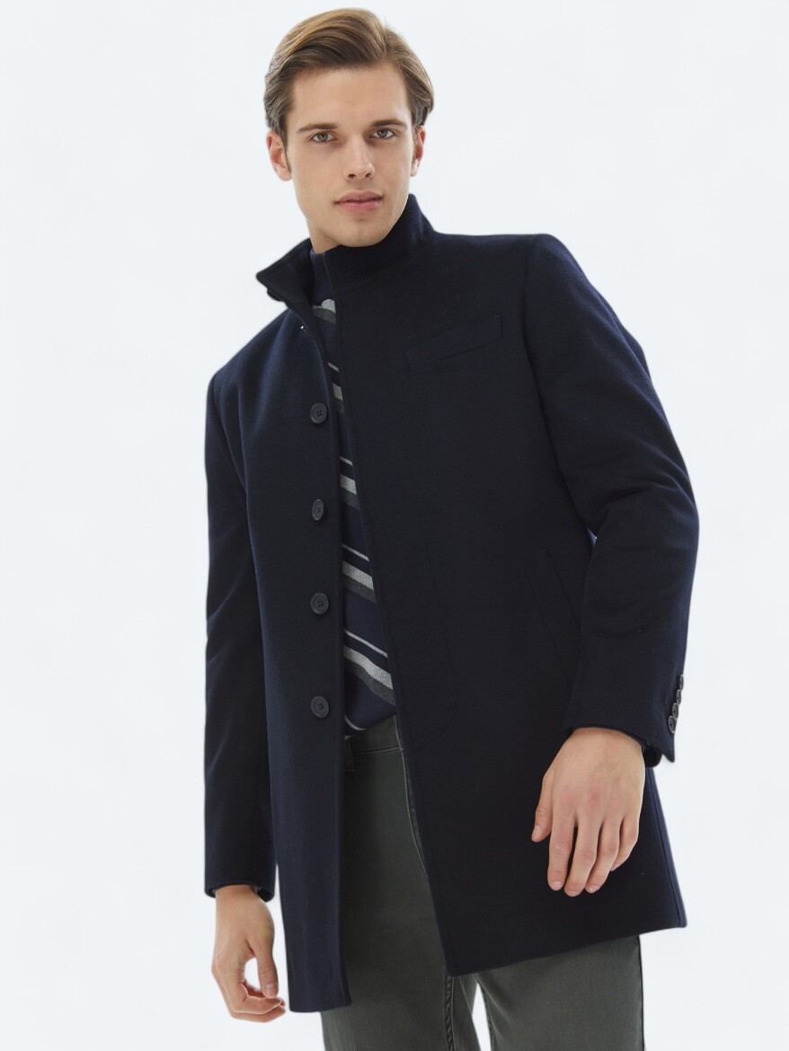 Navy Blue Regular Fit Turtleneck Classical Weaving Overcoat - 3