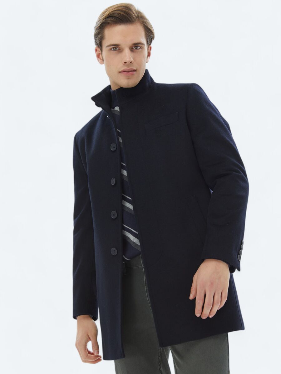 Navy Blue Regular Fit Turtleneck Classical Weaving Overcoat - 3
