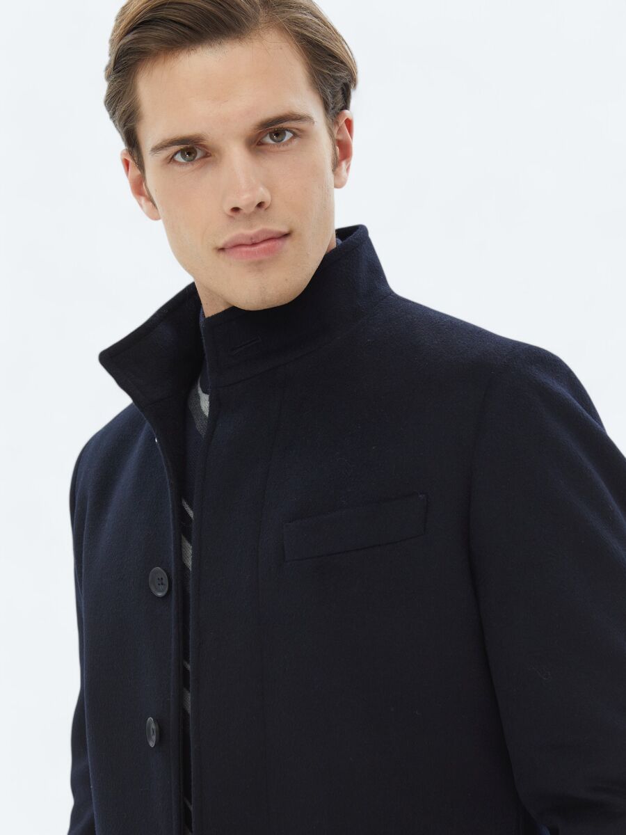 Navy Blue Regular Fit Turtleneck Classical Weaving Overcoat - 4