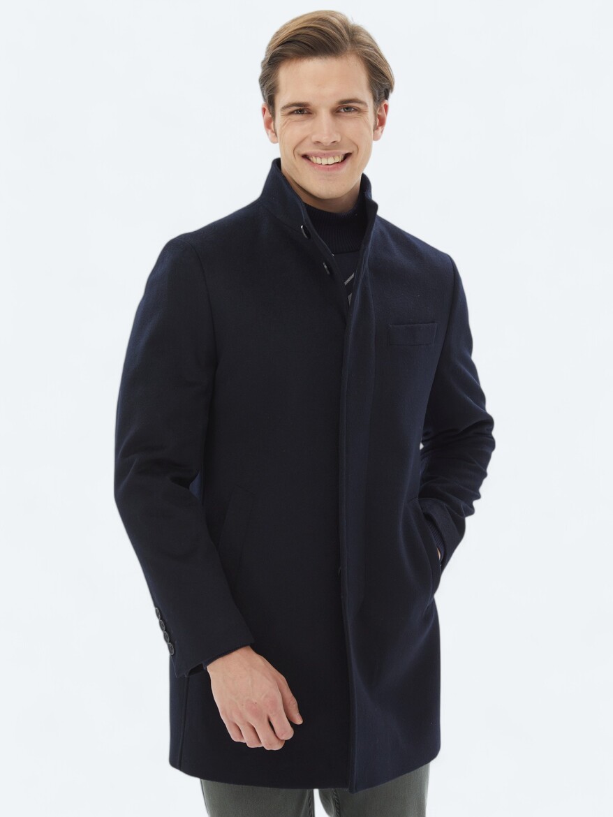 Navy Blue Regular Fit Turtleneck Classical Weaving Overcoat - 5