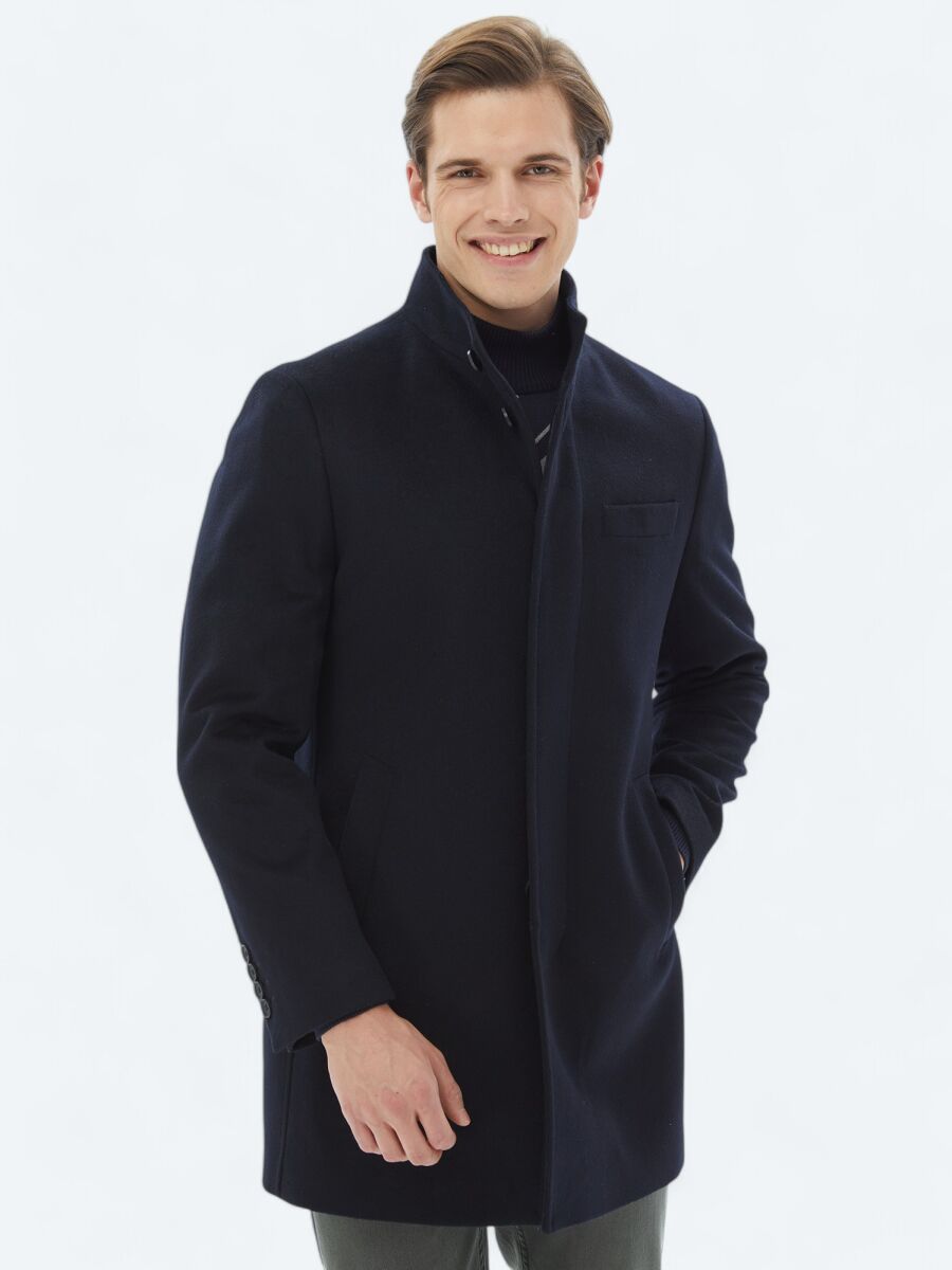 Navy Blue Regular Fit Turtleneck Classical Weaving Overcoat - 5