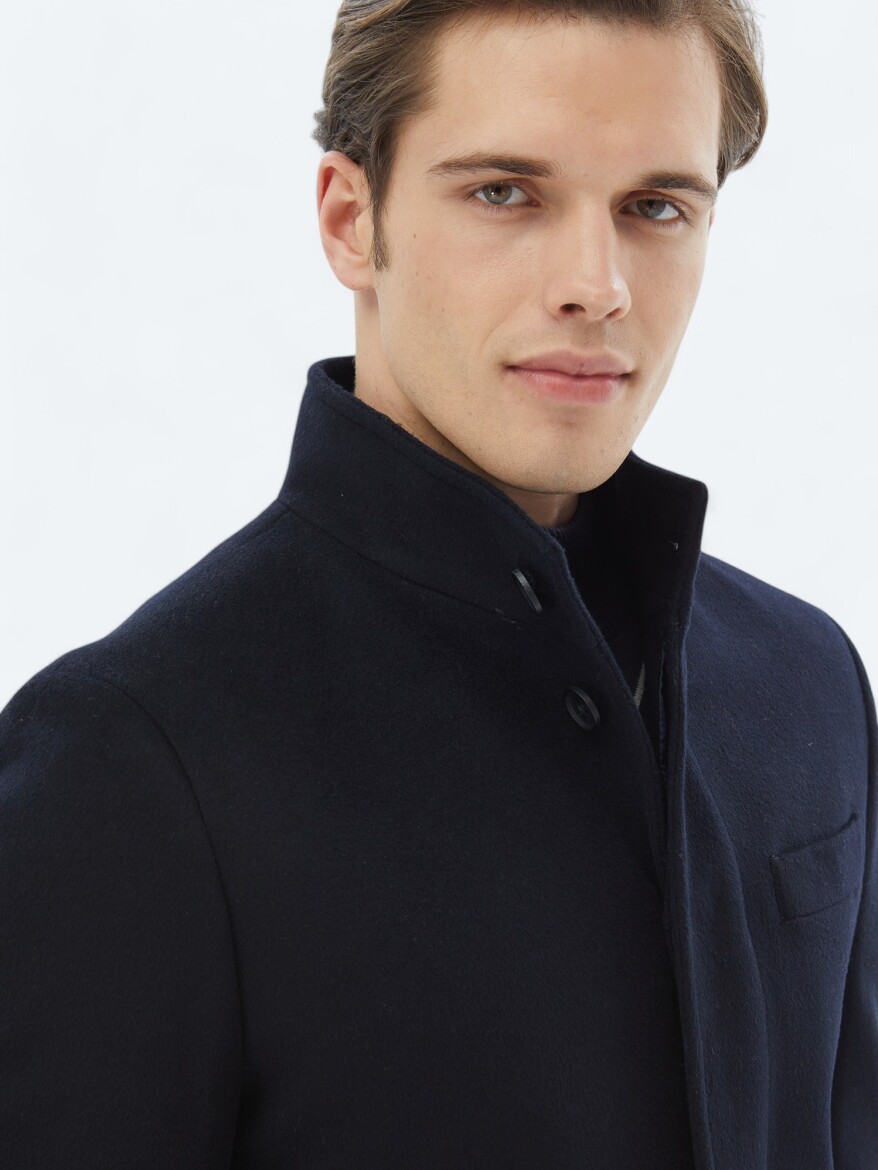Navy Blue Regular Fit Turtleneck Classical Weaving Overcoat - 6