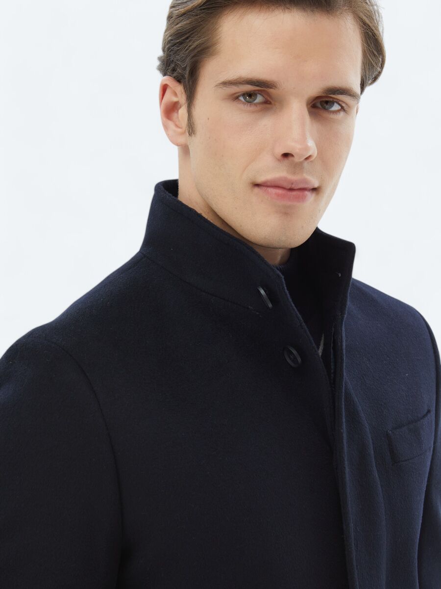 Navy Blue Regular Fit Turtleneck Classical Weaving Overcoat - 6
