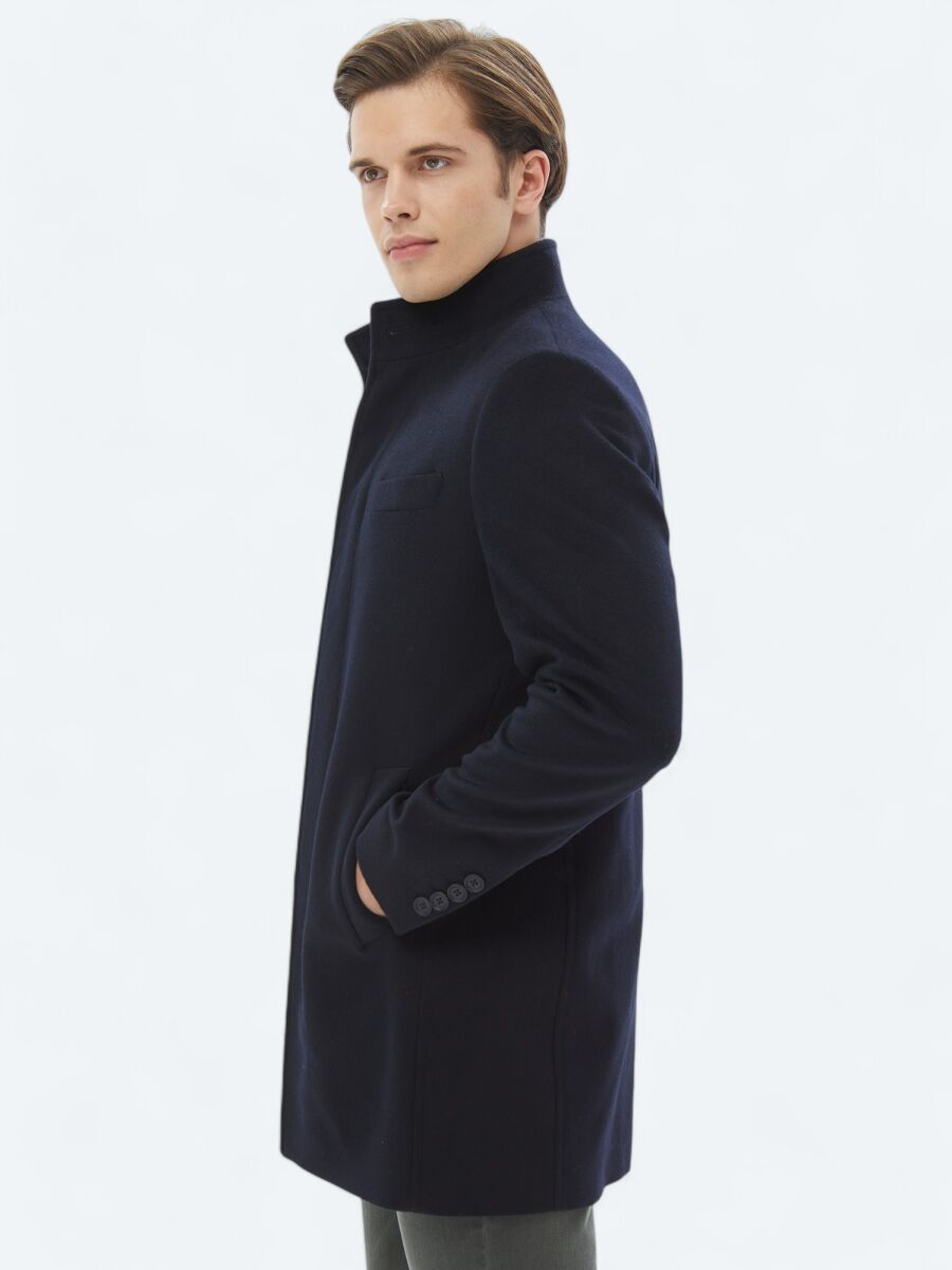 Navy Blue Regular Fit Turtleneck Classical Weaving Overcoat - 7