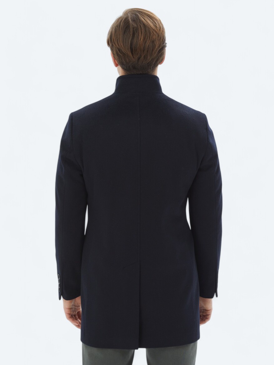 Navy Blue Regular Fit Turtleneck Classical Weaving Overcoat - 8