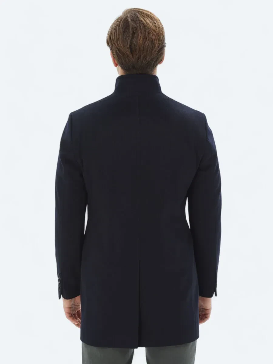 Navy Blue Regular Fit Turtleneck Classical Weaving Overcoat - 8