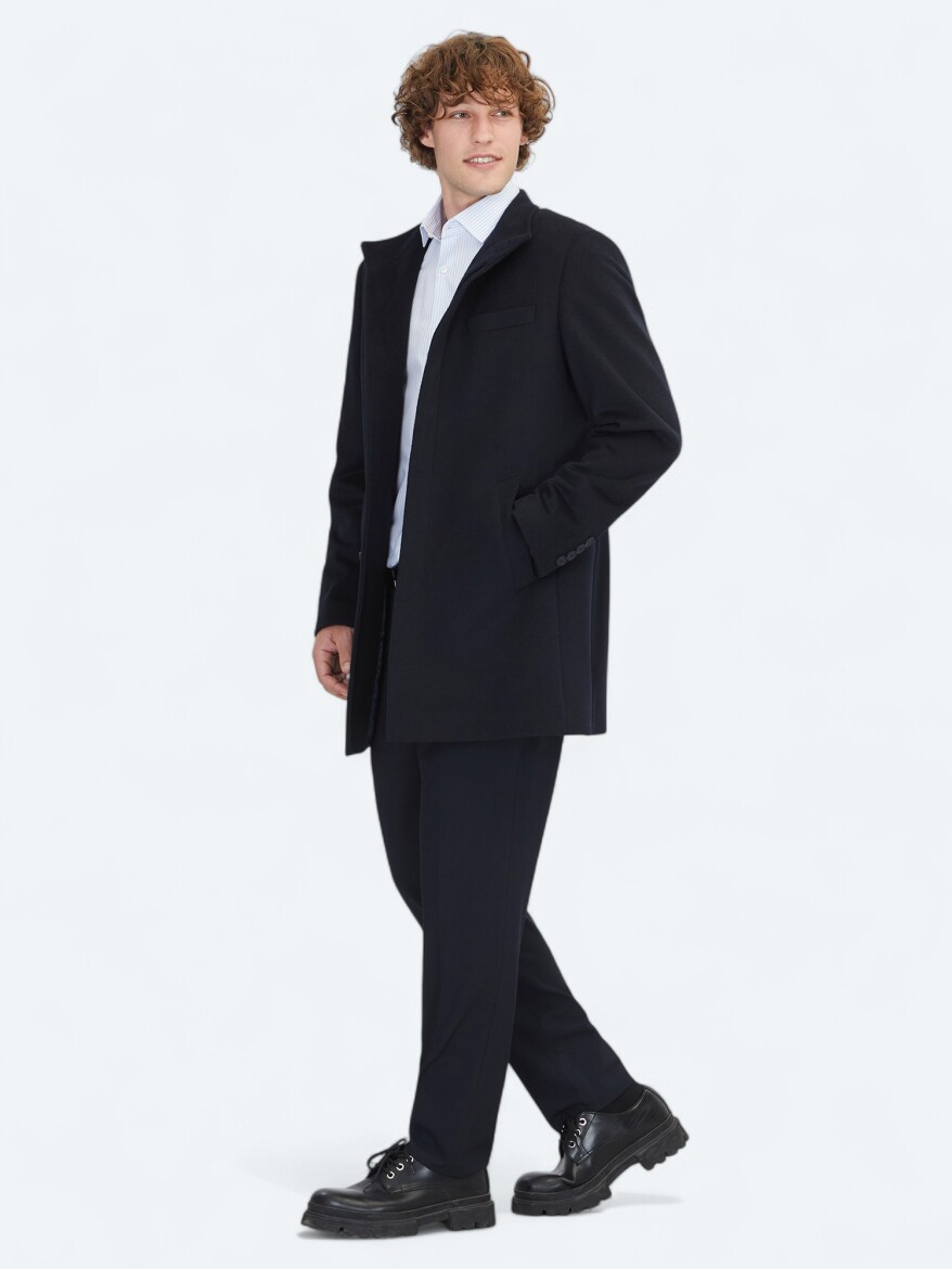 Navy Blue Regular Fit Turtleneck Classical Weaving Overcoat - 3