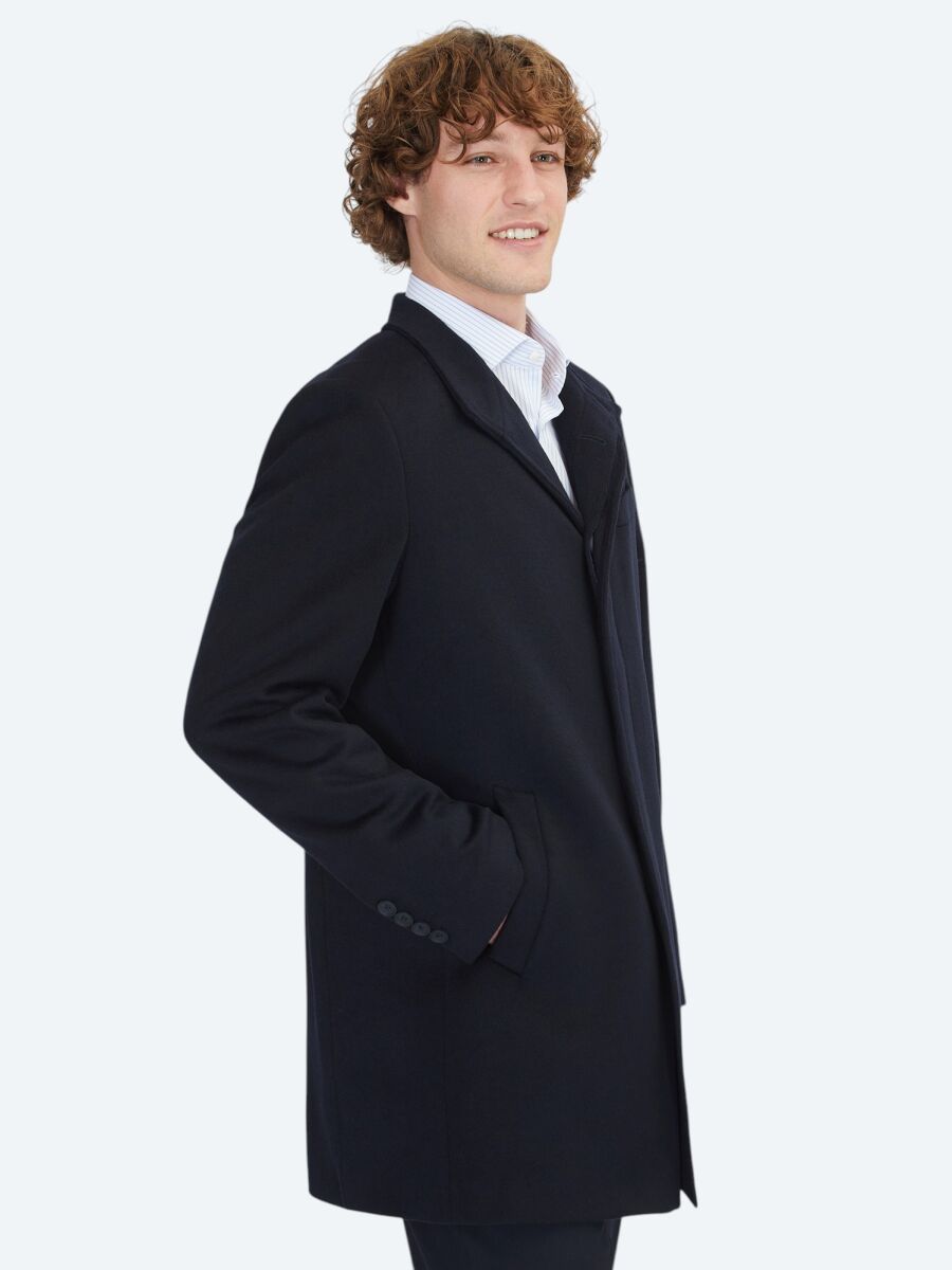 Navy Blue Regular Fit Turtleneck Classical Weaving Overcoat - 4