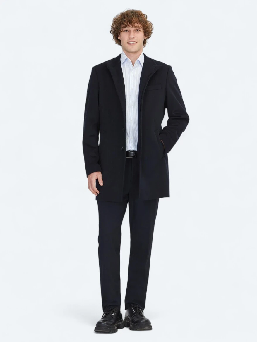 Navy Blue Regular Fit Turtleneck Classical Weaving Overcoat - 2