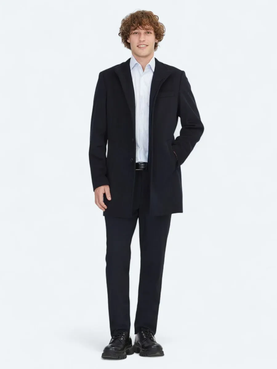 Navy Blue Regular Fit Turtleneck Classical Weaving Overcoat - 2