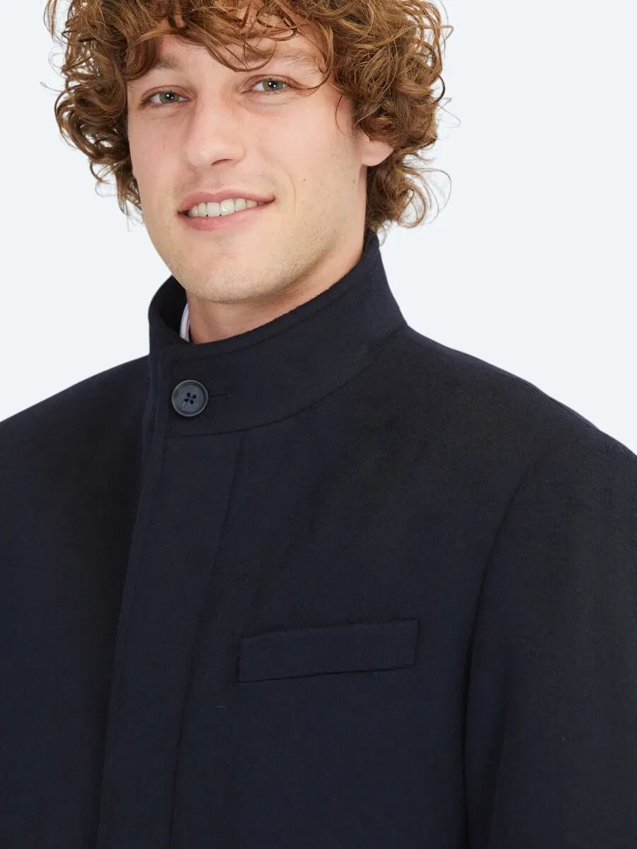 Navy Blue Regular Fit Turtleneck Classical Weaving Overcoat - 6