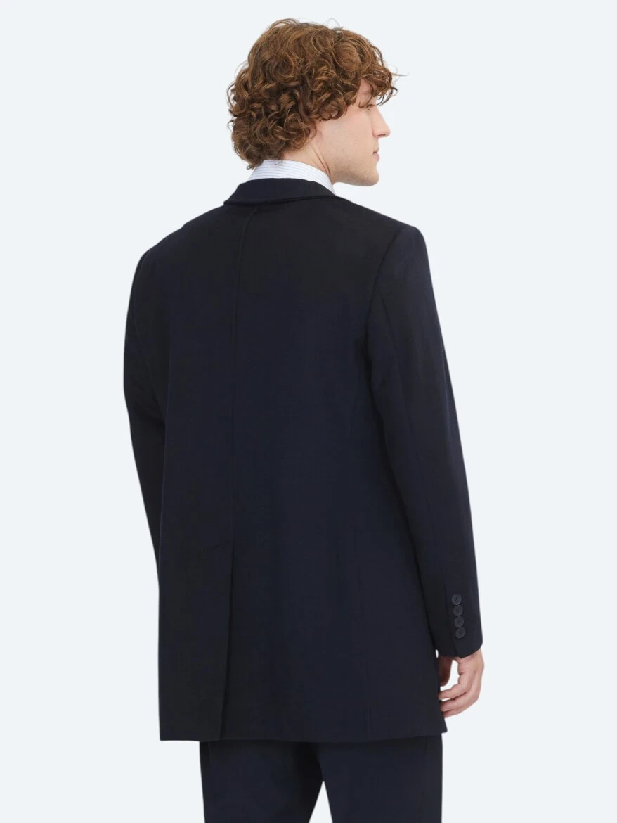 Navy Blue Regular Fit Turtleneck Classical Weaving Overcoat - 7