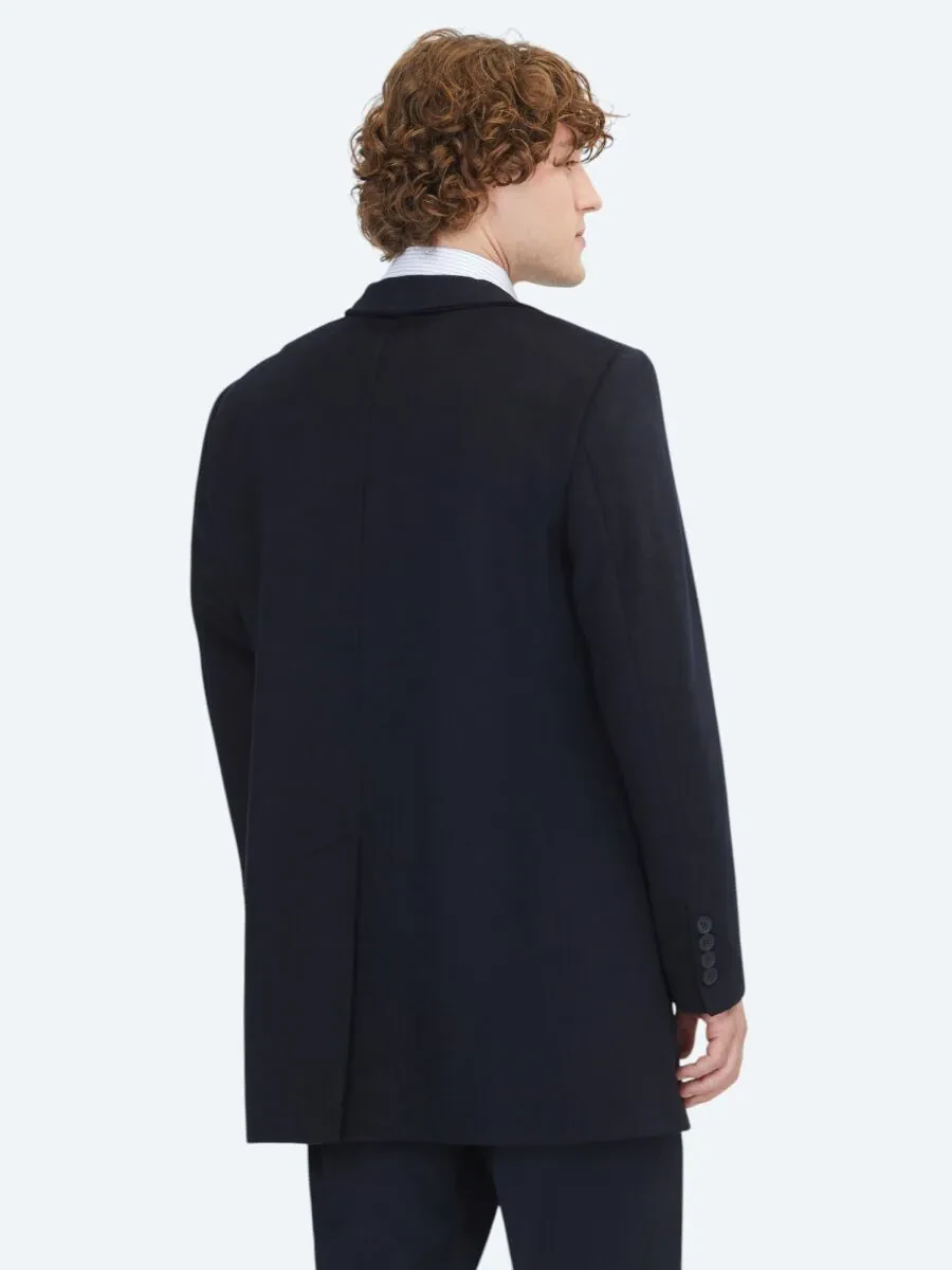Navy Blue Regular Fit Turtleneck Classical Weaving Overcoat - 7