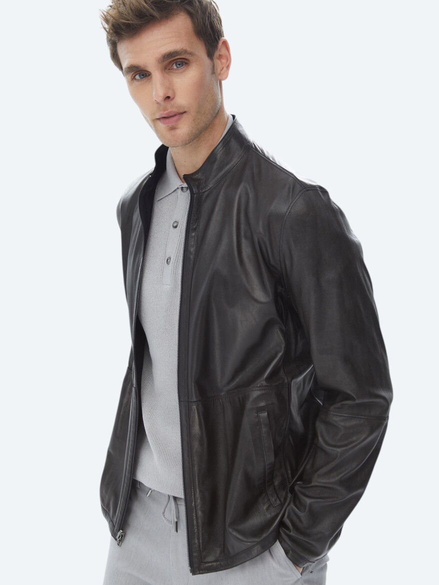 Navy Blue Regular Fit Turtleneck Smart Casual Double-Sided Leather Coat - 3