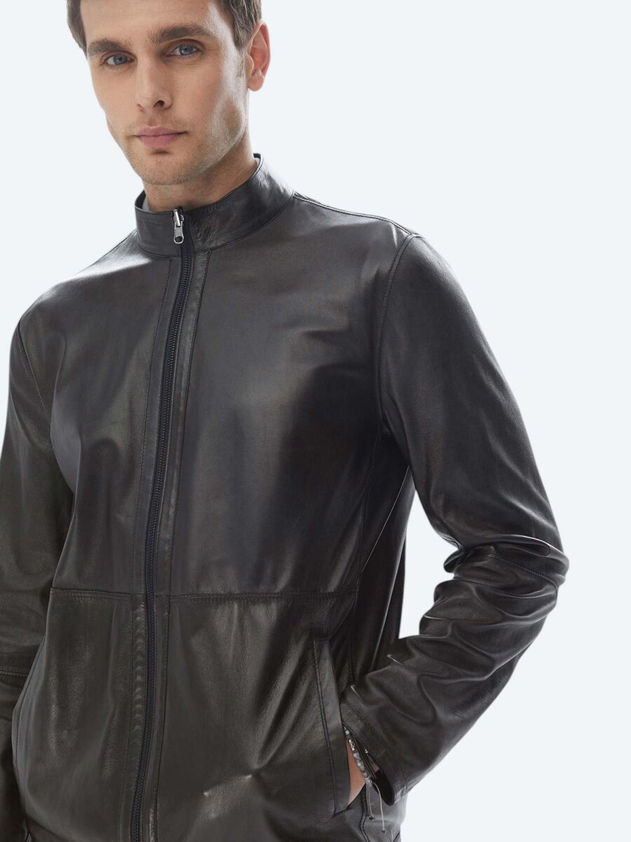 Navy Blue Regular Fit Turtleneck Smart Casual Double-Sided Leather Coat - 4