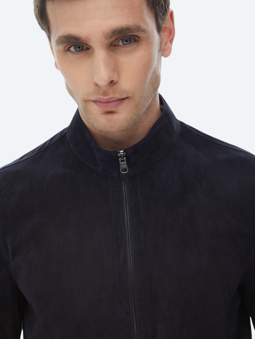 Navy Blue Regular Fit Turtleneck Smart Casual Double-Sided Leather Coat - 5