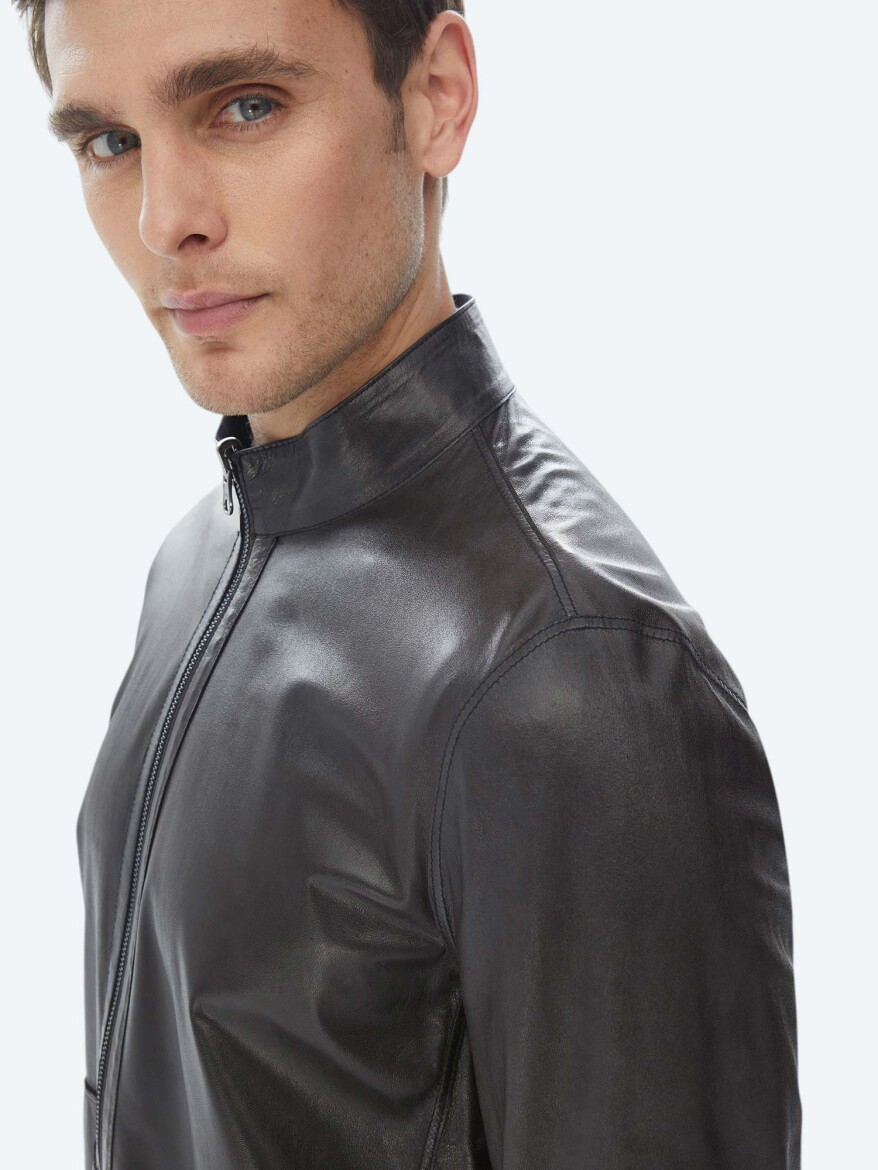 Navy Blue Regular Fit Turtleneck Smart Casual Double-Sided Leather Coat - 6