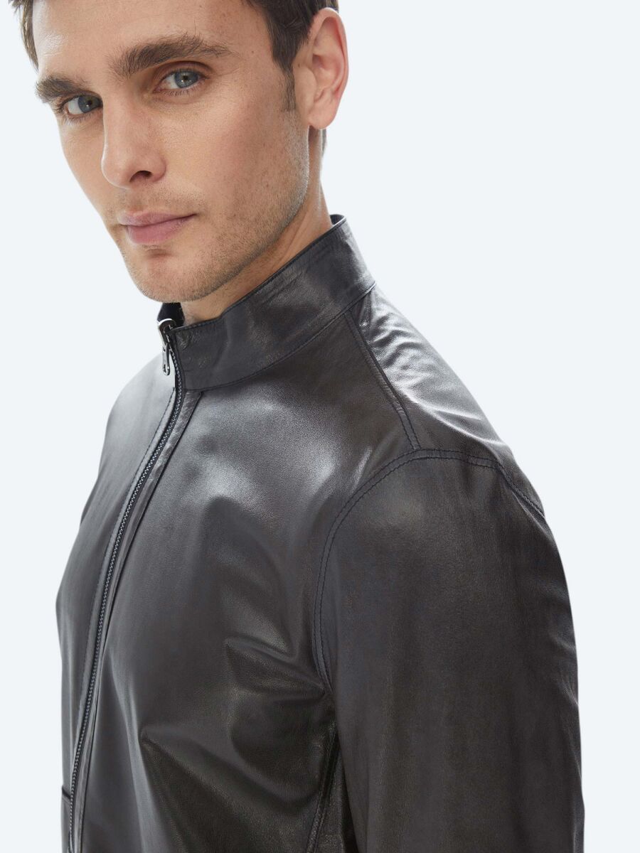 Navy Blue Regular Fit Turtleneck Smart Casual Double-Sided Leather Coat - 6