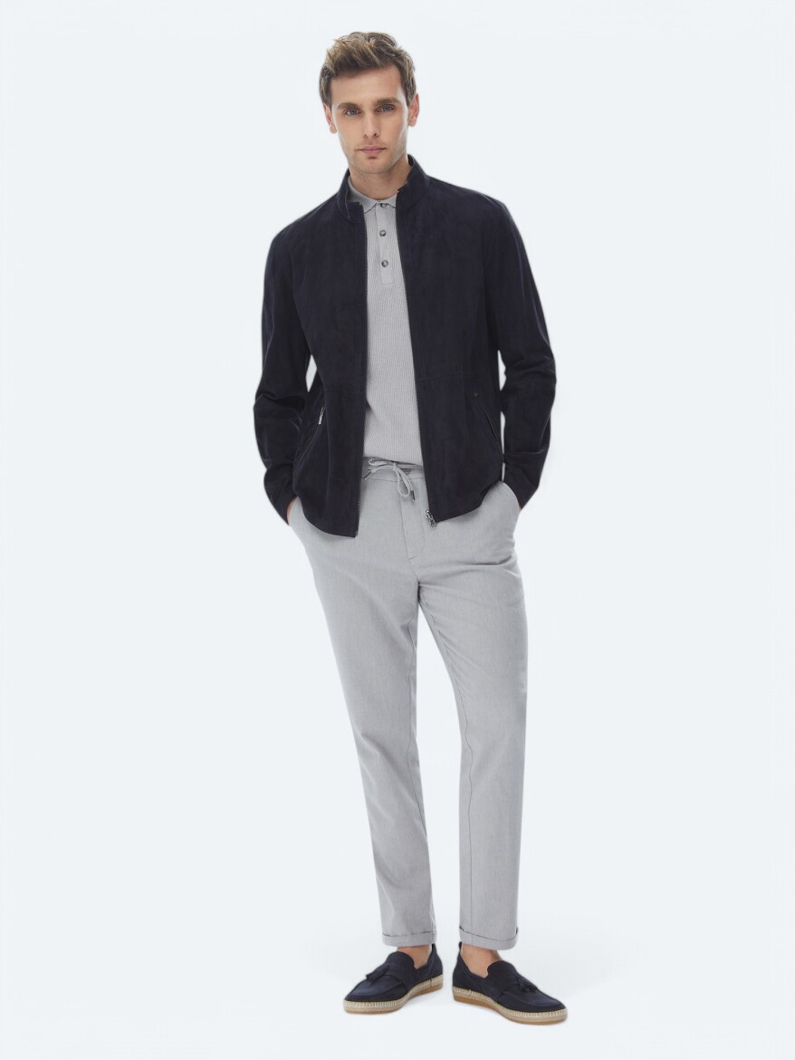 Navy Blue Regular Fit Turtleneck Smart Casual Double-Sided Leather Coat - 7