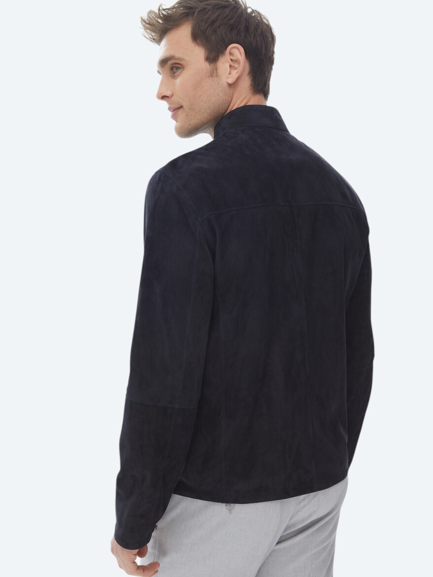 Navy Blue Regular Fit Turtleneck Smart Casual Double-Sided Leather Coat - 10