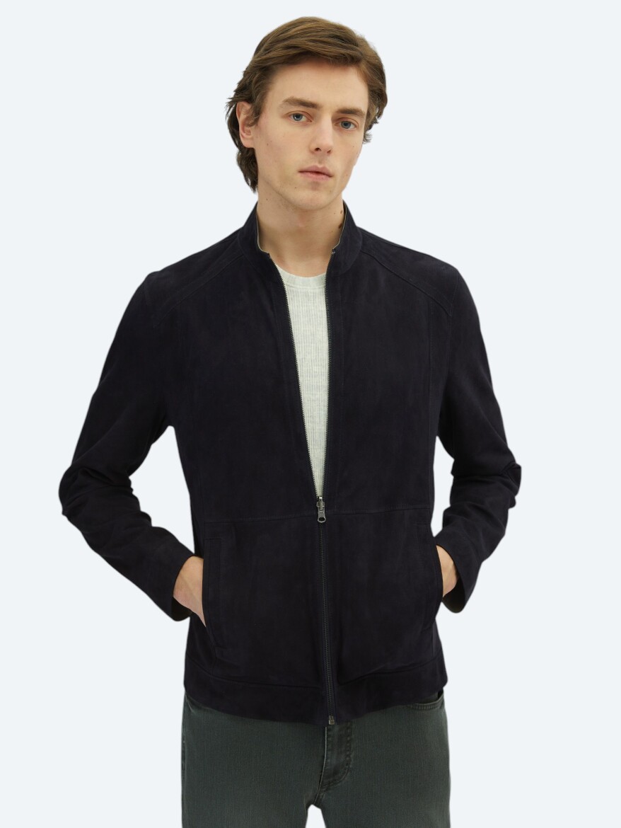 Navy Blue Regular Fit Turtleneck Smart Casual Leather Double-Sided Leather Coat - 1