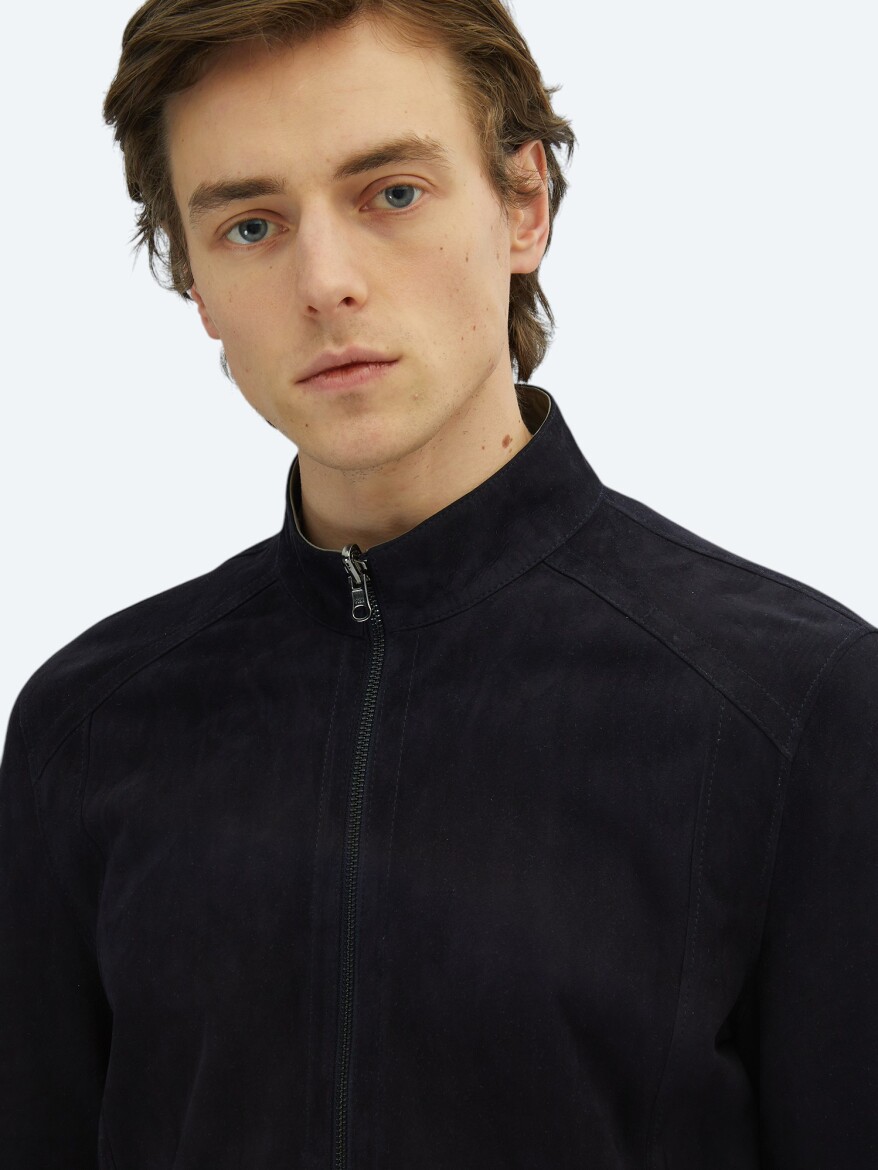 Navy Blue Regular Fit Turtleneck Smart Casual Leather Double-Sided Leather Coat - 4