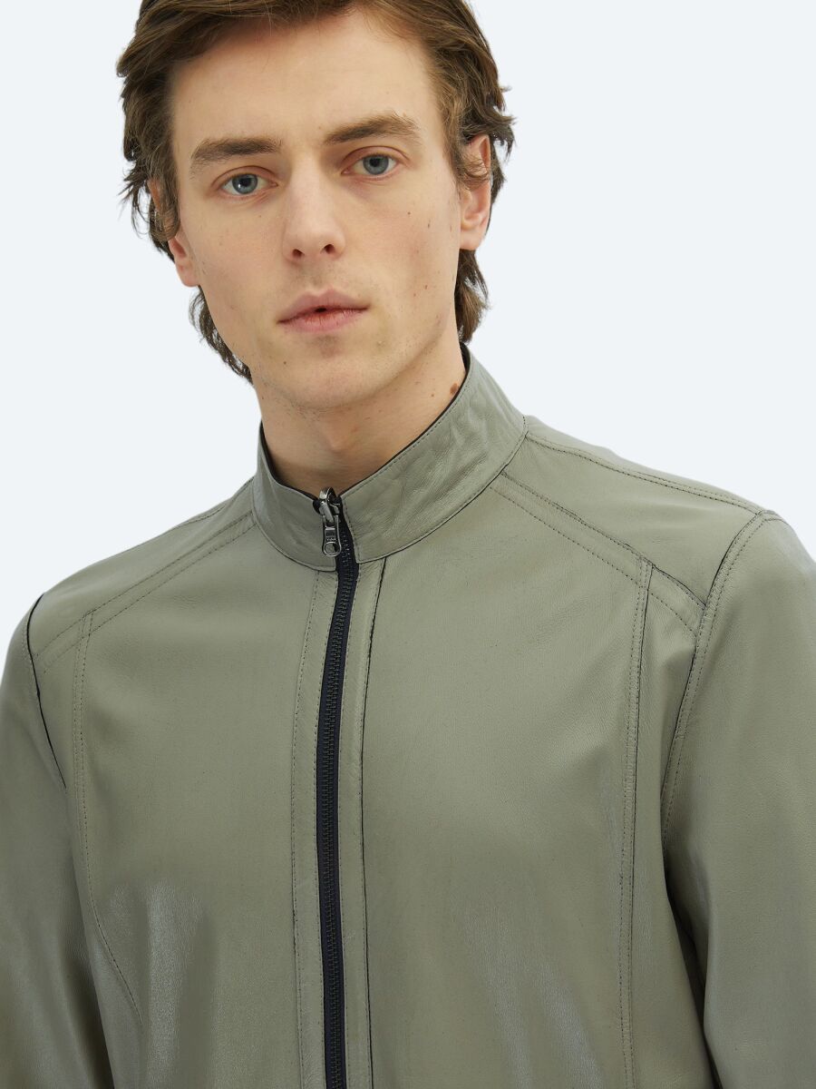 Navy Blue Regular Fit Turtleneck Smart Casual Leather Double-Sided Leather Coat - 6