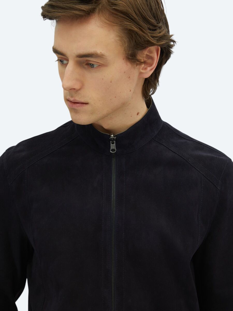 Navy Blue Regular Fit Turtleneck Smart Casual Leather Double-Sided Leather Coat - 7