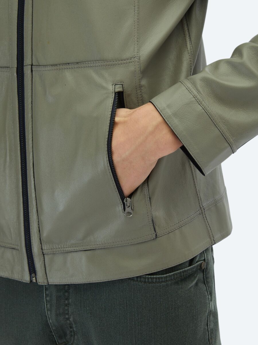 Navy Blue Regular Fit Turtleneck Smart Casual Leather Double-Sided Leather Coat - 8