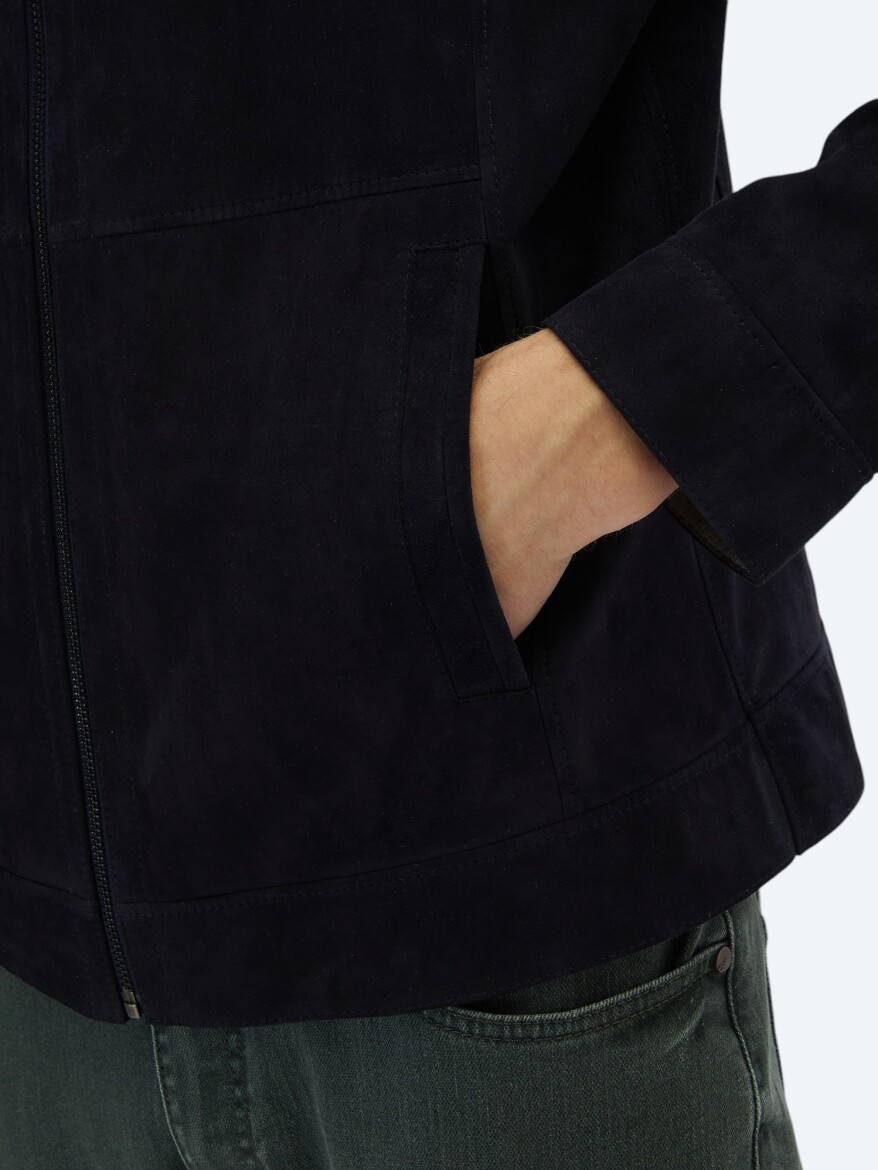 Navy Blue Regular Fit Turtleneck Smart Casual Leather Double-Sided Leather Coat - 9