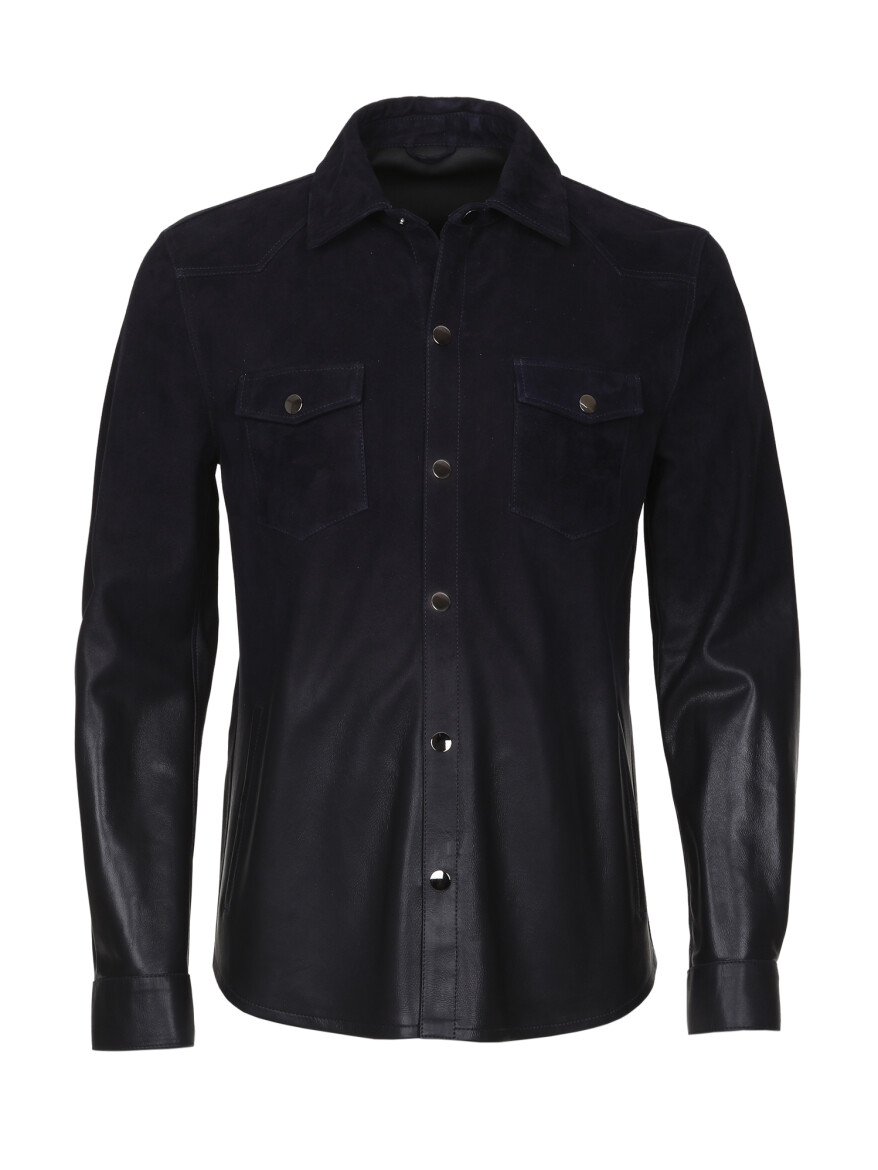Navy Blue Regular Fit Turtleneck Smart Casual Leather Leather Coat 