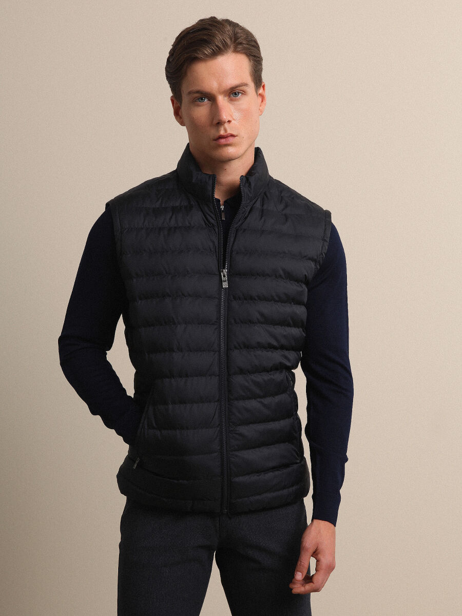 Navy Blue Regular Fit Turtleneck Smart Casual Weaving Coat - 3