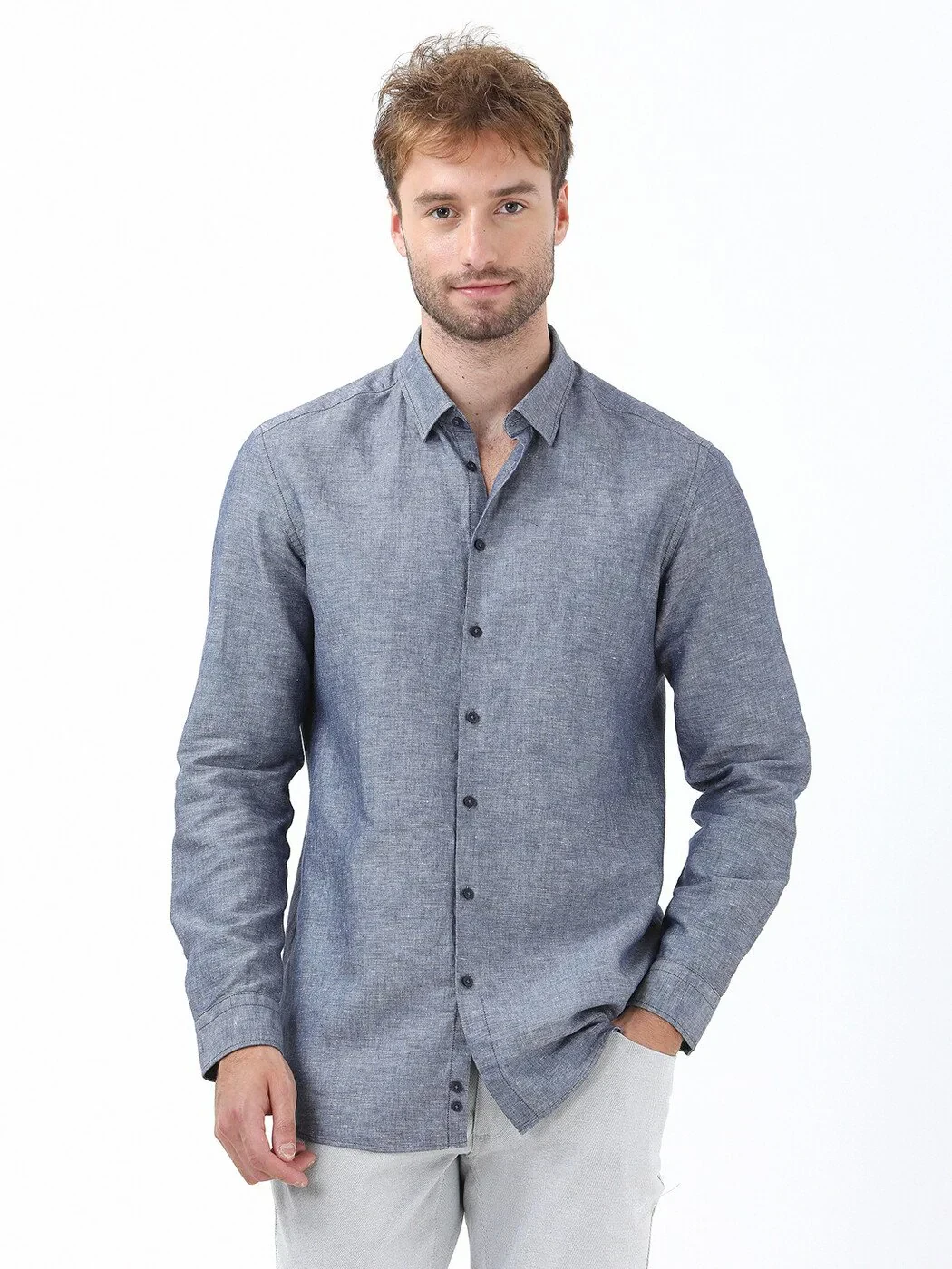 Navy Blue Regular Fit Weaving Casual Cotton Blended Shirt - 1