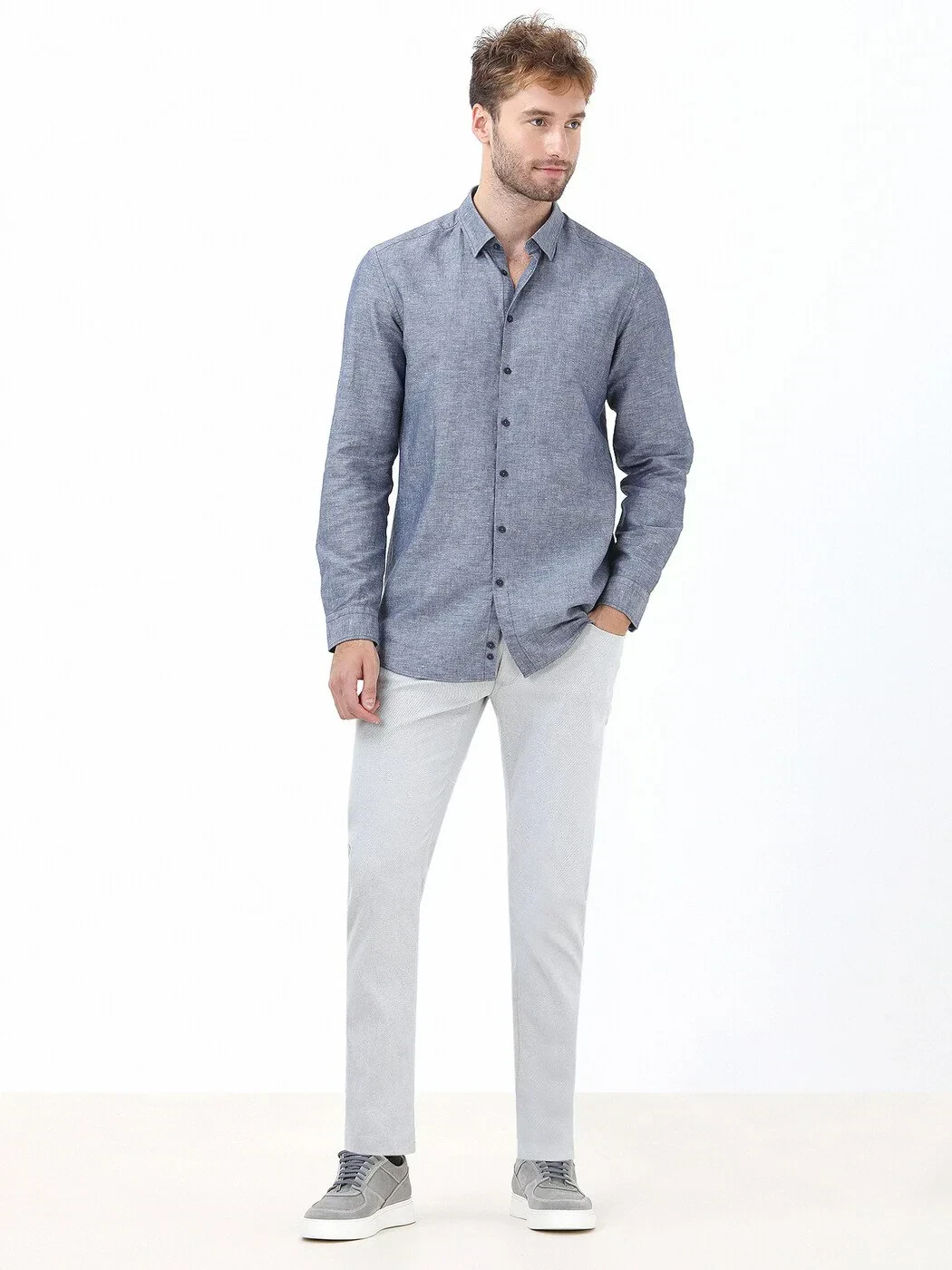 Navy Blue Regular Fit Weaving Casual Cotton Blended Shirt - 2
