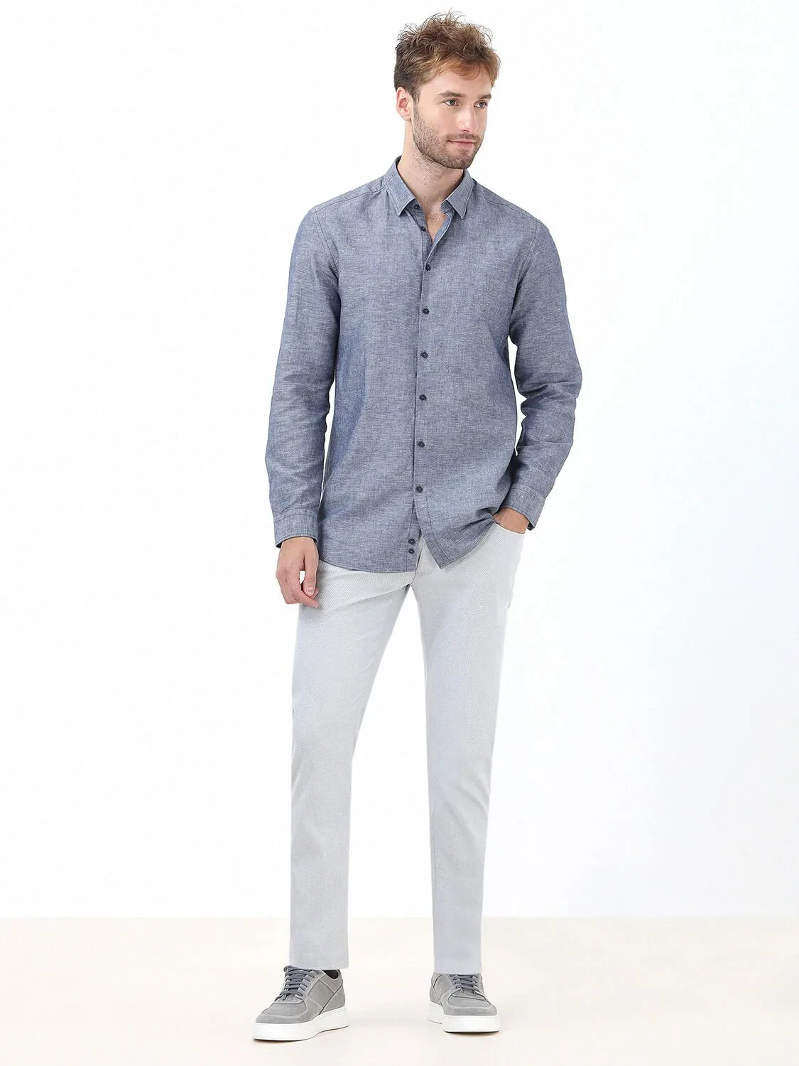 Navy Blue Regular Fit Weaving Casual Cotton Blended Shirt - 2