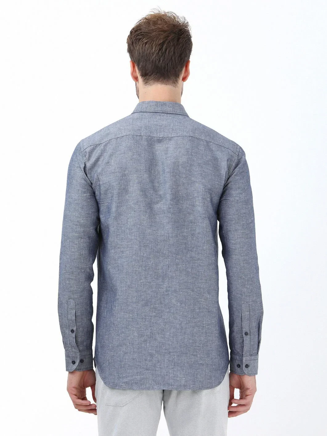 Navy Blue Regular Fit Weaving Casual Cotton Blended Shirt - 4