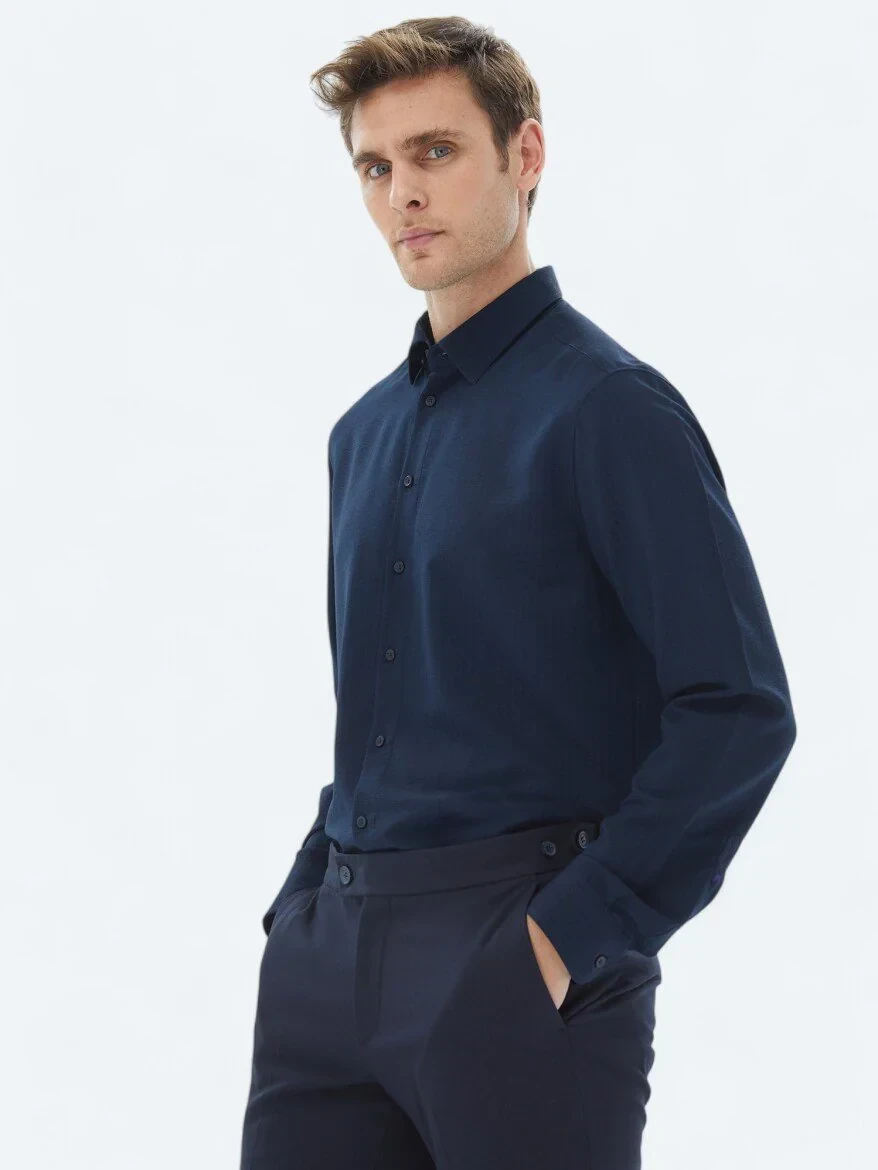 Navy Blue Regular Fit Weaving Casual Shirt - 3