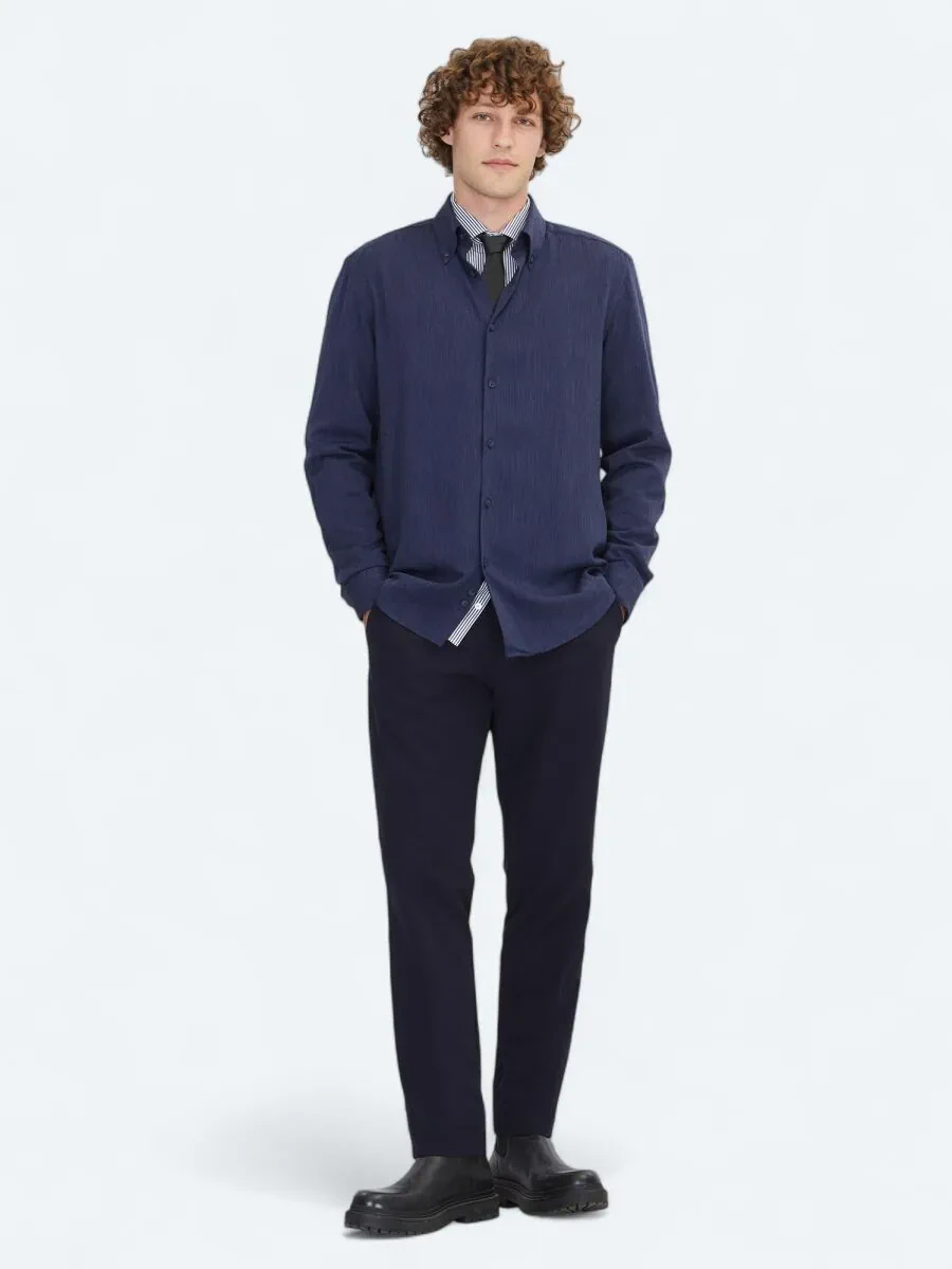 Navy Blue Regular Fit Weaving Casual Shirt - 2
