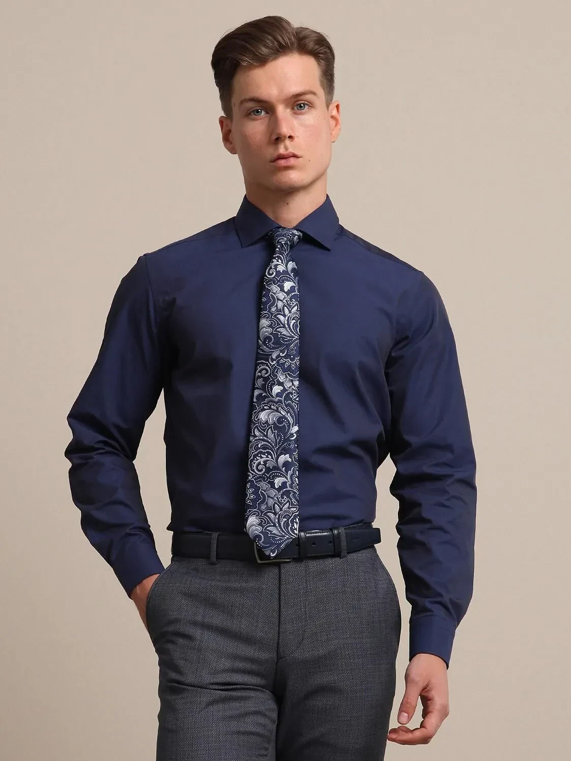 Navy Blue Regular Fit Weaving Classical Cotton Blended Shirt - 1