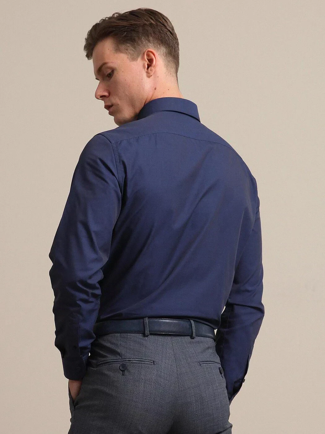 Navy Blue Regular Fit Weaving Classical Cotton Blended Shirt - 4