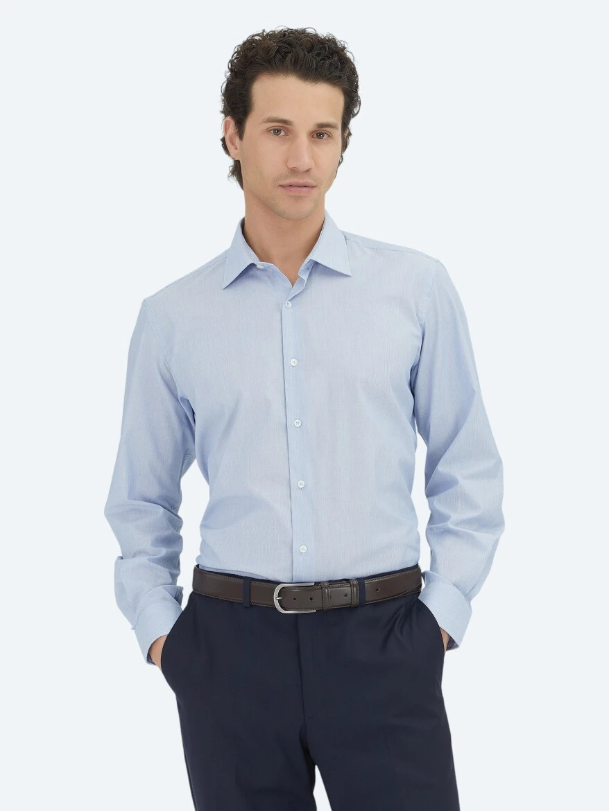 Navy Blue Regular Fit Weaving Classical Cotton Blended Shirt - KİP